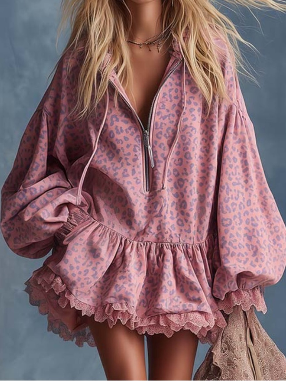 Oyrosy Pink Leopard Print Hoodie Dress